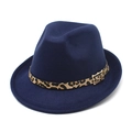 Dark blue wool jazz hat with leopard print band and metal buckle for women in autumn - M (56-58cm) / Navy Blue