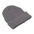 Detail of dark grey waffle knit winter hat showing thick ribbed cuff and textured weave - Gray