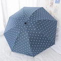 Ombrello automatico blu scuro a pois bianchi posato su un letto bianco in stile moderno - Piegatura Inversa Manuale / Blu Nebbia a Pois