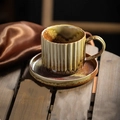 Japanese retro ceramic coffee cup and saucer set with yellow-brown glaze and vertical texture - Elegant Coffee Cup And Saucer - Kiln-fired Yellow 250ml / Universal