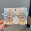 Ancient style hair clips for girls with colorful resin flowers and golden pearl tassels - Qingyuan Multi-color Clips