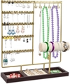 Detail of gold metal jewelry organizer with dark wood base and velvet ring slots - 35*29.5*9.5cm / Gold