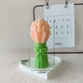 Pink tulip flower bouquet scented candle with green base and bow tie decor, 12cm height - Lavender (Flesh Pink Shangri-La)