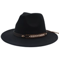 Black wool fedora with wide brim and western style leather band with metal rivets - M (56-58cm) / Black