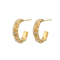 Detail of gold C-shaped earrings with molten lava texture and sparkling white zircons - Lava Texture Rhinestone Style (E842-GO)