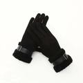 Women's black thermal faux suede gloves with plush faux fur cuffs and metal buckle detail - One Size / Black