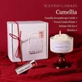 Camellia candle gift set with white ceramic bowl and wooden base in a red ribbon box - Camellia [Souvenir Gift Box]