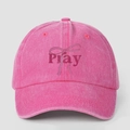 Pink washed denim baseball cap featuring Pray text and bow print in a vintage street style - One Size / Rose Red