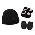 Close-up of black knit cotton baby set with embroidered bear hat and bunny shoes - Black Bear - 3-Piece Set