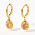 Elegant gold-tone stainless steel hoop earrings with oval pink gemstone pendants - Gold-Pink Zirconia (KDE767)
