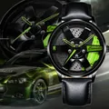 Men's car wheel rim watch with green brake caliper and black leather strap - T37 Black Leather Strap Hub Green
