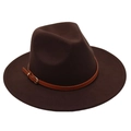 Detail of dark brown wool felt fedora featuring a tan leather band and gold buckle - M (56-58cm) / Coffee