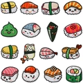 16-piece Japanese sushi embroidery patches set featuring cute salmon and tamago designs - Full Series Style Combination