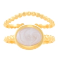 Adjustable golden open ring featuring a white oval insert with spiral texture and bead band - Spiral Bead Band Style (Z-077)