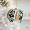Light green Christmas RV ornament with plaid patterns and tree detail, 11cm high - Christmas Tree Car