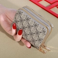 Women's compact bi-fold wallet in beige with vintage patterns and gold double zippers - Gray