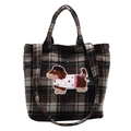 Bolso tote de lana a cuadros marrones con lindo bordado de teckel y gran capacidad - Cuadros Negros