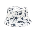 Detailed view of kids white bucket hat featuring cute panda and gray polka dot patterns - Head Circumference 52-54cm / White