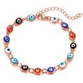 Detailed view of rose gold Evil Eye bracelet with colorful enamel beads and lobster clasp - Rose Gold Multi-color