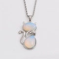 Stainless steel twist chain necklace featuring a cat pendant with milky white opal stones - Opal Cat + 60CM Rope Chain