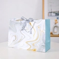 Elegant marble pattern gift bag with grey silk ribbon handle on minimalist white stand - Small 18*16*10 / Silver Ribbon