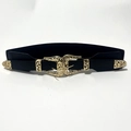 Retro black elastic waist belt with ornate bohemian gold-tone hollow carved metal buckle - Matte Black