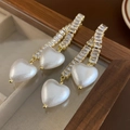 Asymmetric gold earrings featuring white heart pendants and transparent rectangular crystals - E5726-925 Sterling Silver Earring Post / Gold