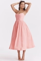 Detail van een roze rugloze midi-jurk met een getailleerde taille en een A-lijn rok - S / Roze