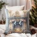 Detail of light blue Christmas pillow cover with Santa illustration on white fabric - TQDS68-40(Light Blue Illustration)