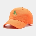 Close-up of funny green frog embroidery on a vibrant orange cotton baseball cap - Orange