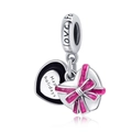 Pendentif cœur en argent S925 avec nœud rose et gravure Happy Holidays sur fond blanc - Pendentif en Argent Sterling S925 / Coeur à Nœud Rose
