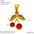 Macro detail of cherry pendant in 18k gold plated 304 stainless steel with zircons - Zircon Inlaid Cherry (SP899G)