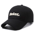 Classic black cotton baseball cap featuring white Relax 3D embroidery on front - Adjustable / Black