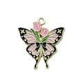 Pink and black butterfly pendant with enamel tulips and black ribbon gold edge - Pink Tulip Butterfly Pendant (18107) / 1 Piece (23x25mm)