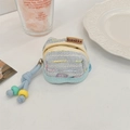 Close-up of a blue tweed fabric storage pouch for wireless earbuds with a zipper - Blue