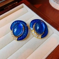 Orecchini vintage in smalto blu scuro con bordo dorato e dettagli in cristallo - Ovale Blu Scuro Strass (11#)