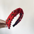 Red velvet knotted headband with colorful rhinestones and faux pearls for women - Rhinestone Red