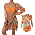 Matching parent-child orange bikini set with tropical leaf print and sheer cover-up - 152 / Orange Kids One Piece Swimsuit