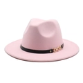 Detail of pink wool fedora hat featuring black leather band and gold metal buckle - M (56-58cm) / Pink