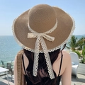 Khaki straw sun hat with white lace ribbon bow for summer beach vacation - Large Brim Binding Khaki
