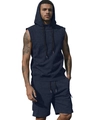 Men's dark blue sleeveless hoodie and matching shorts set with drawstring detail - Navy Blue
