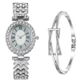 Macro shot of silver crystal oval watch set and matching geometric rhinestone bracelet - Watch+Bracelet / Silver