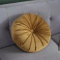 Mustard yellow round velvet pumpkin pillow with tufted center on a grey sofa - Diameter 35cm / Turmeric
