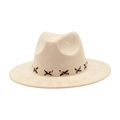 Beige wide brim fedora hat with bohemian hand-stitched decorative band for men and women - One Size / Beige (Leopard X-Stitch)