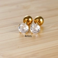 Golden stainless steel screw back stud earrings with 4mm cubic zirconia stones - 4mm / Gold