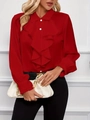 Detailed view of red ruffled long-sleeve blouse with white buttons and layered texture - S / Red