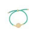 Adjustable mint green woven bracelet with 18K gold plated Virgin Mary medal and zircons - Light Green