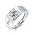 Detail of adjustable silver ring for men with brilliant round center moissanite stone - Silver/Square Accents/1 Carat/6.5mm