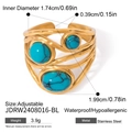 Detail view of adjustable gold stainless steel ring with turquoise stones and dimensions - Blue Turquoise Style (JDRW2408016-BL)