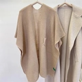 Knitted beige shawl wrap with ribbed texture and minimalist cape style for autumn - Khaki